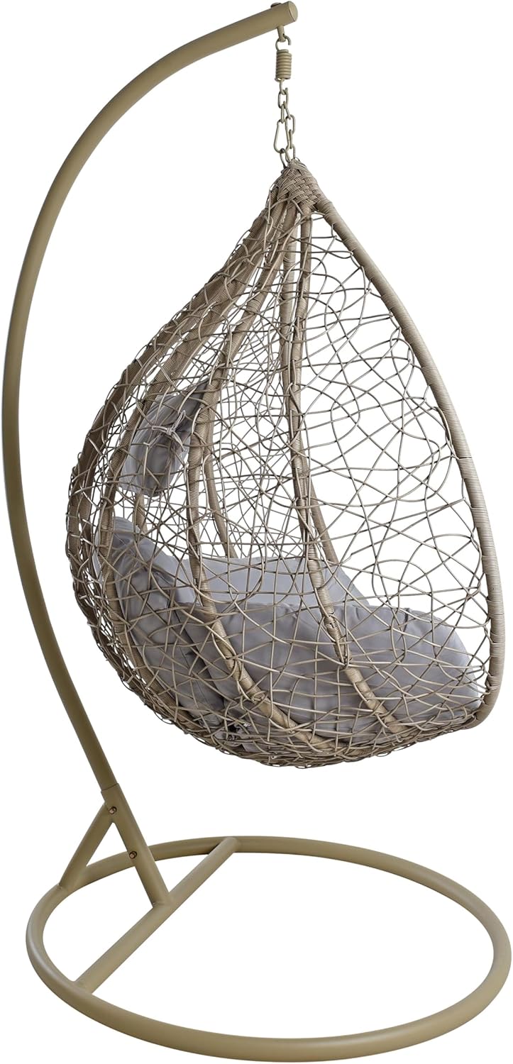 ESTEO Hängesessel mit Gestell Polyrattan Hängekorb Rattan Hängestuhl Hängesitz Beige/Grau