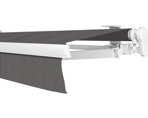 SOLUNA knikarmscherm Proof 2,5x2 Stoffen design U104 Frame RAL 9010 Zuiver wit Aandrijving rechts incl. slinger