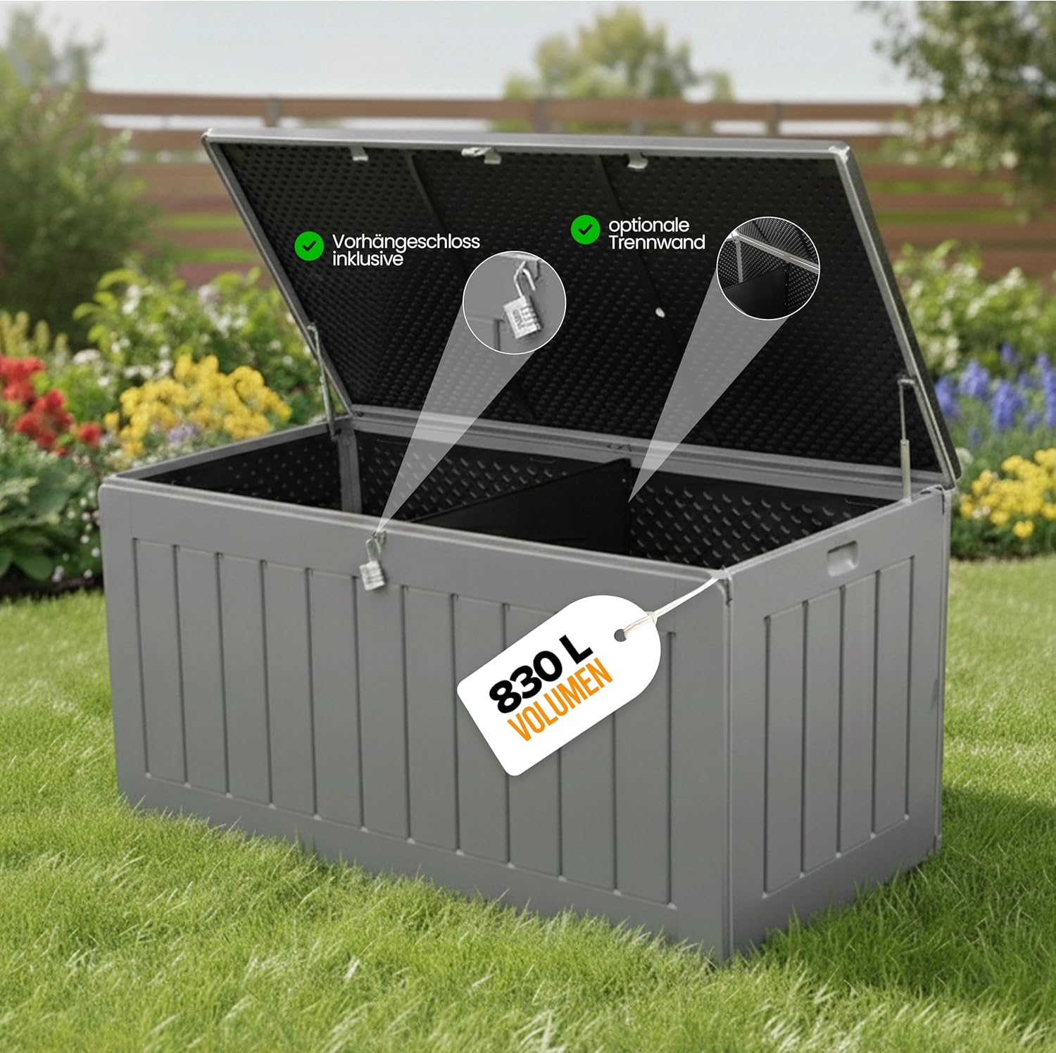 Olsen & Smith Gartenbox 830L | Wasserdicht & Wetterfest Abschließbare Polypropylene Aufbewahrungsbox aus | Große Gartentruhe für Garten, Balkon & Terrasse | Robust, Geräumig & Pflegeleicht–Anthrazit
