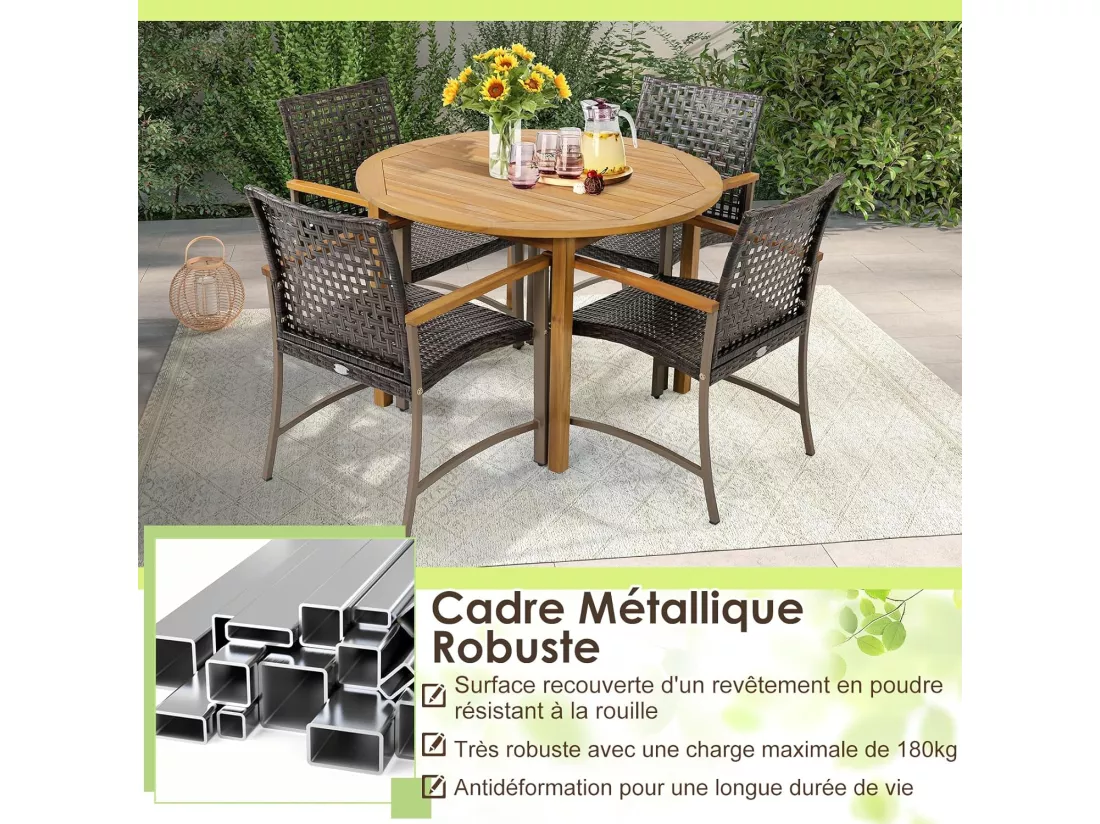 Lot de 4 Chaises de Jardin Empliables en Rotin, Fauteuil d'Extérieur avec Accoudoirs en Bois d'Acacia et Structure Métallique Robuste, pour Balcon, Cour, Bord de Piscine, Charge 180 KG