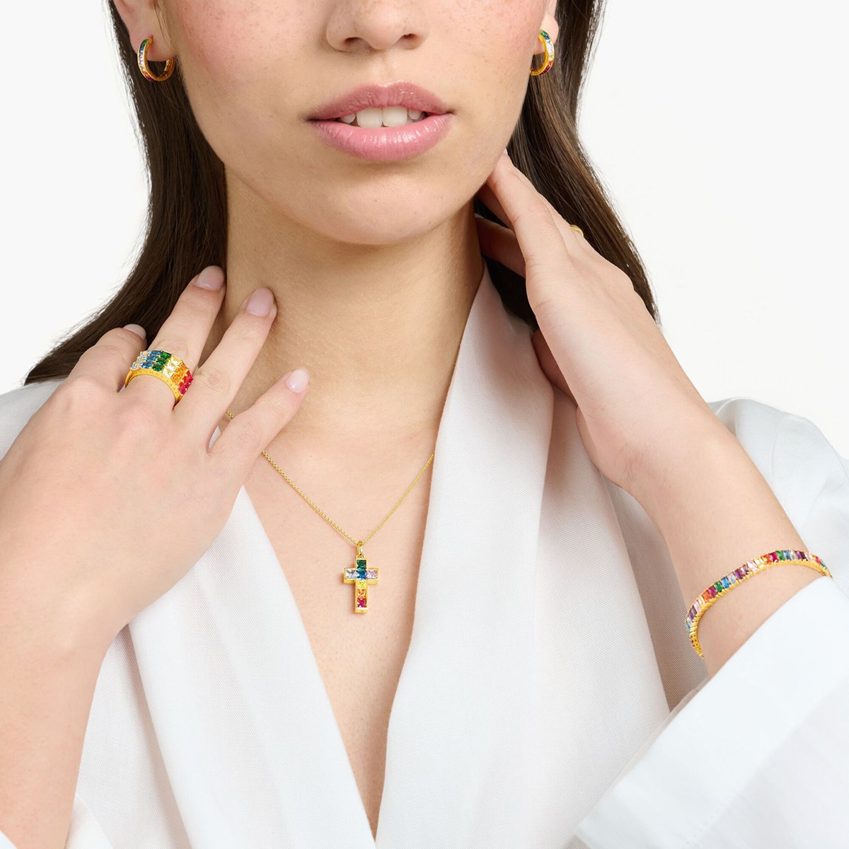 Collier Thomas Sabo argent doré croix oxydesarc-en-ciel