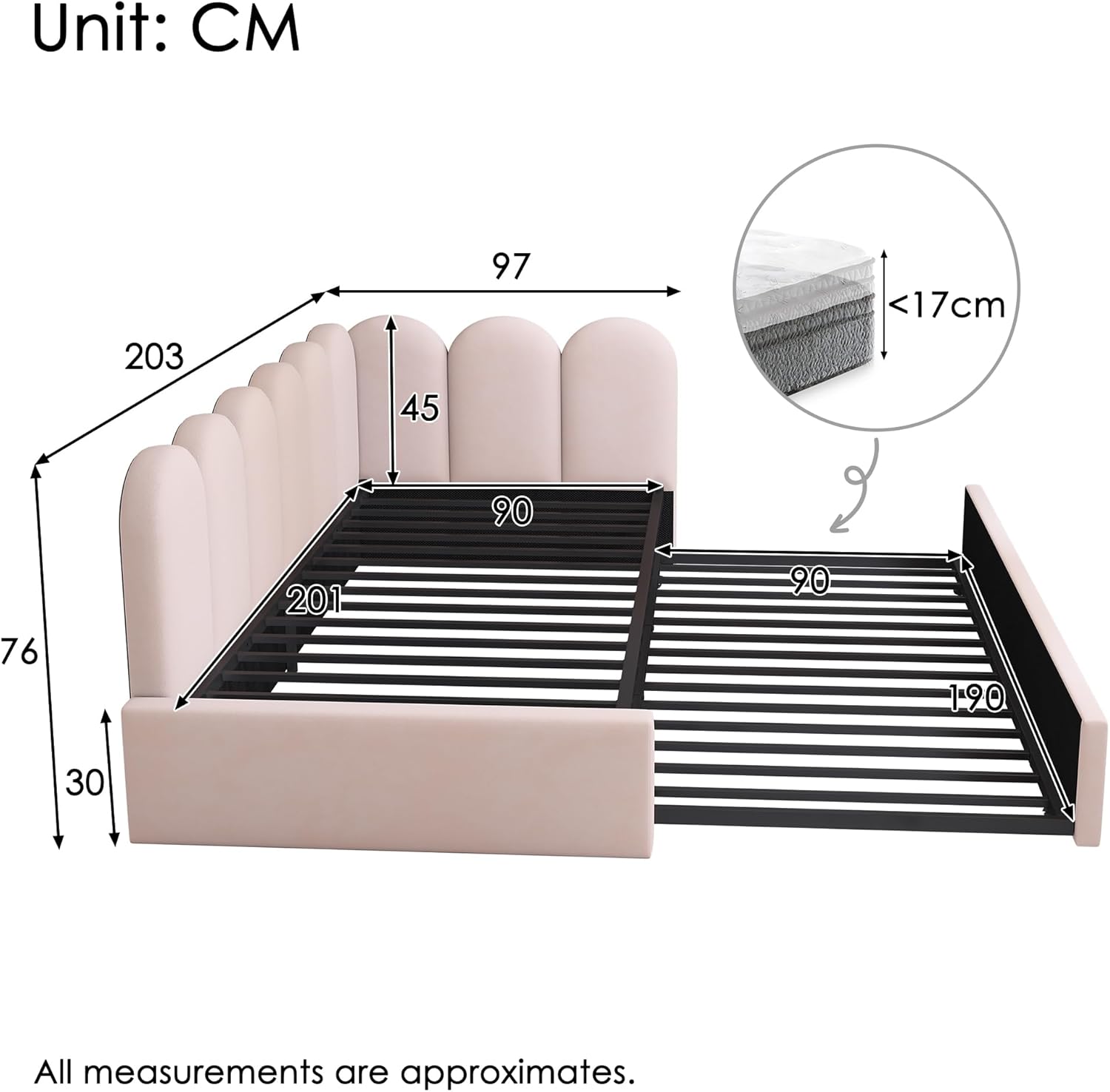 Polsterbett Tagesbett 90x200 Einzelbett mit Ausziehbett 90x190 cm, Kinderbett Jugendbett Daybett Gästebett Schlafsofa Sofabett Bettgestell mit Lattenrost aus Metall, Ohne Matratze, Samtstoff, Rosa