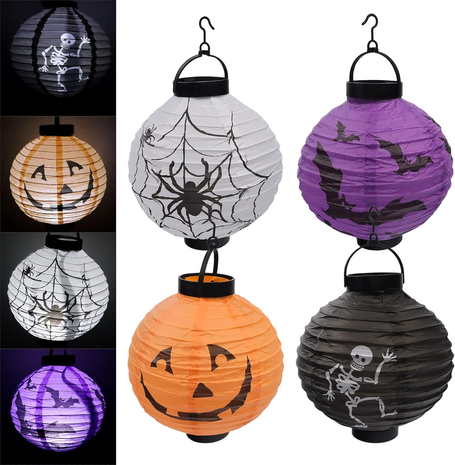(6er Set) Ø20cm Halloween Party Lampion LED Herbst Deko Beleuchtung (Batteriebetrieben) - Kürbis / Spinne / Skelett / Fledermaus