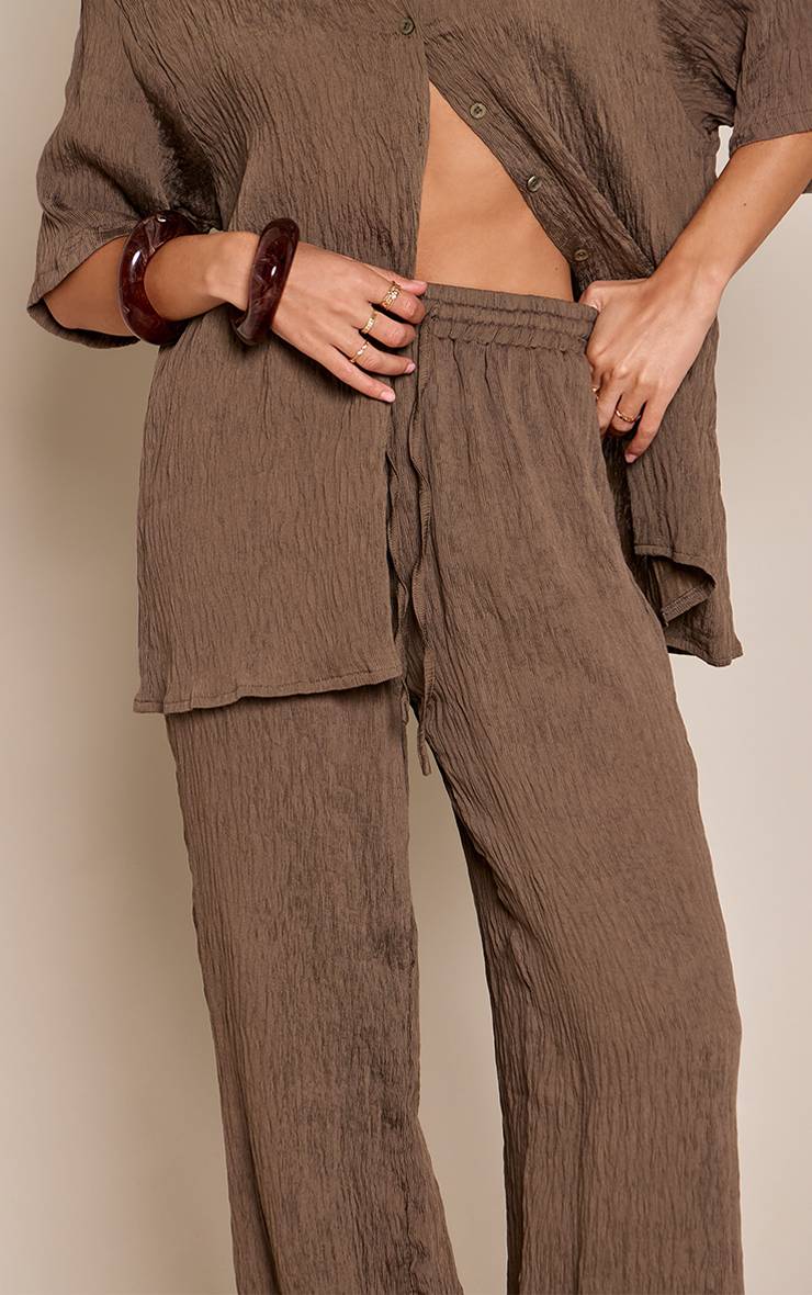Marron Foncé Pantalon Large Texturé Tissé À Cordon De Serrage Ensemble Coordonné