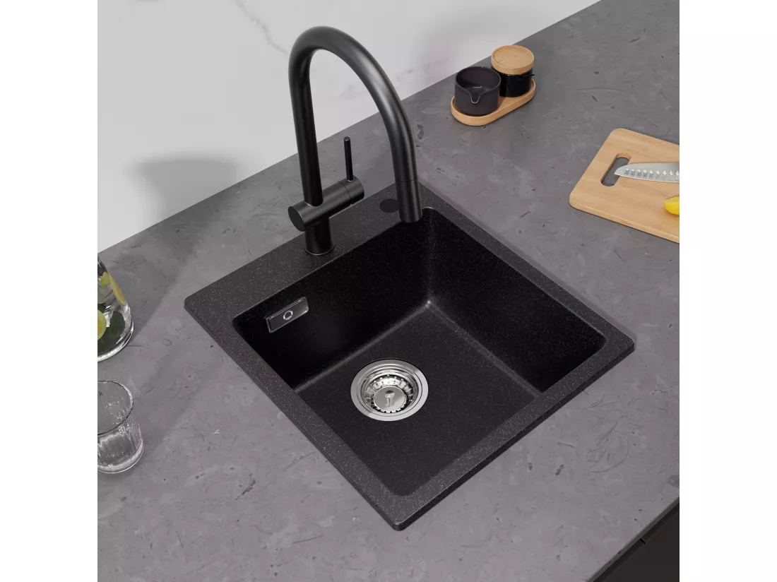 Cecipa max Evier de Cuisine en Quartz et Résine 40x45cm Evier Quartz 1 Bac Noir + Mitigeur de Cuisine à Ressort avec 3 Modes de Sortie D'eau, Brossé