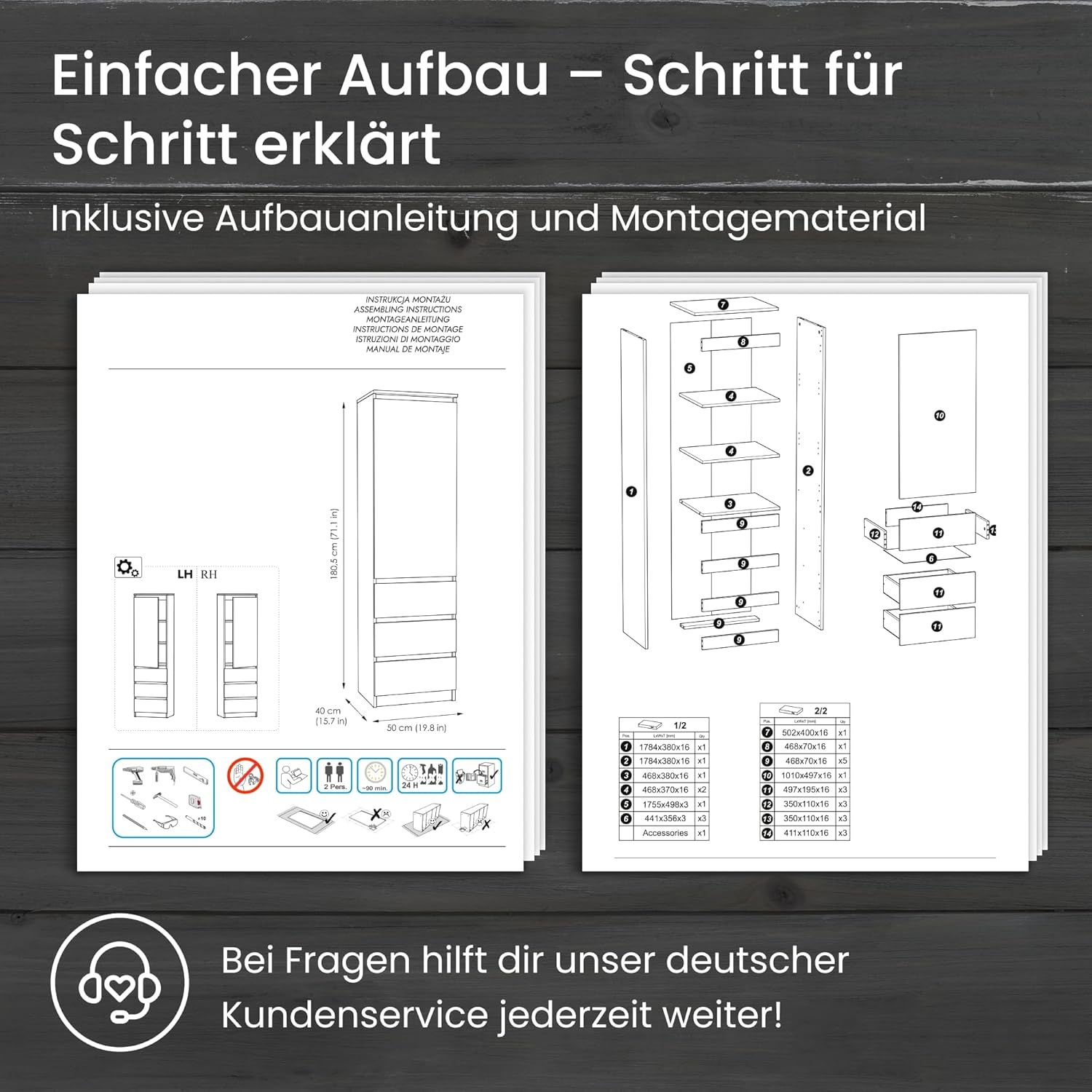 Home Collective Kleiderschrank, Garderobenschrank, Mehrzweckschrank mit 3 Einlegeböden & 3 Schubladen | Schrank für Schlafzimmer, Flur oder Arbeitszimmer | 50x40x180 cm (BxTxH) | Anthrazit-Eiche