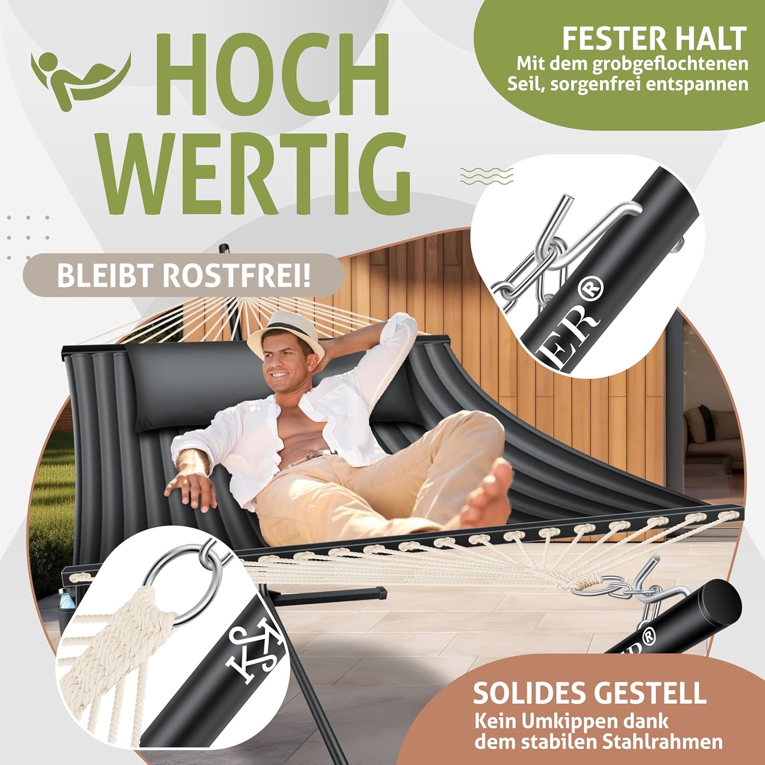 KESSER® Hängematte Hill mit Gestell Kissen Doppelhängematte für 2 Personen-Stabiler Rahmen 200kg Belastbarkeit Indoor & Outdoor XXL Hängesessel Doppel Mehrpersonen Garten Balkon Terrasse, Anthrazit