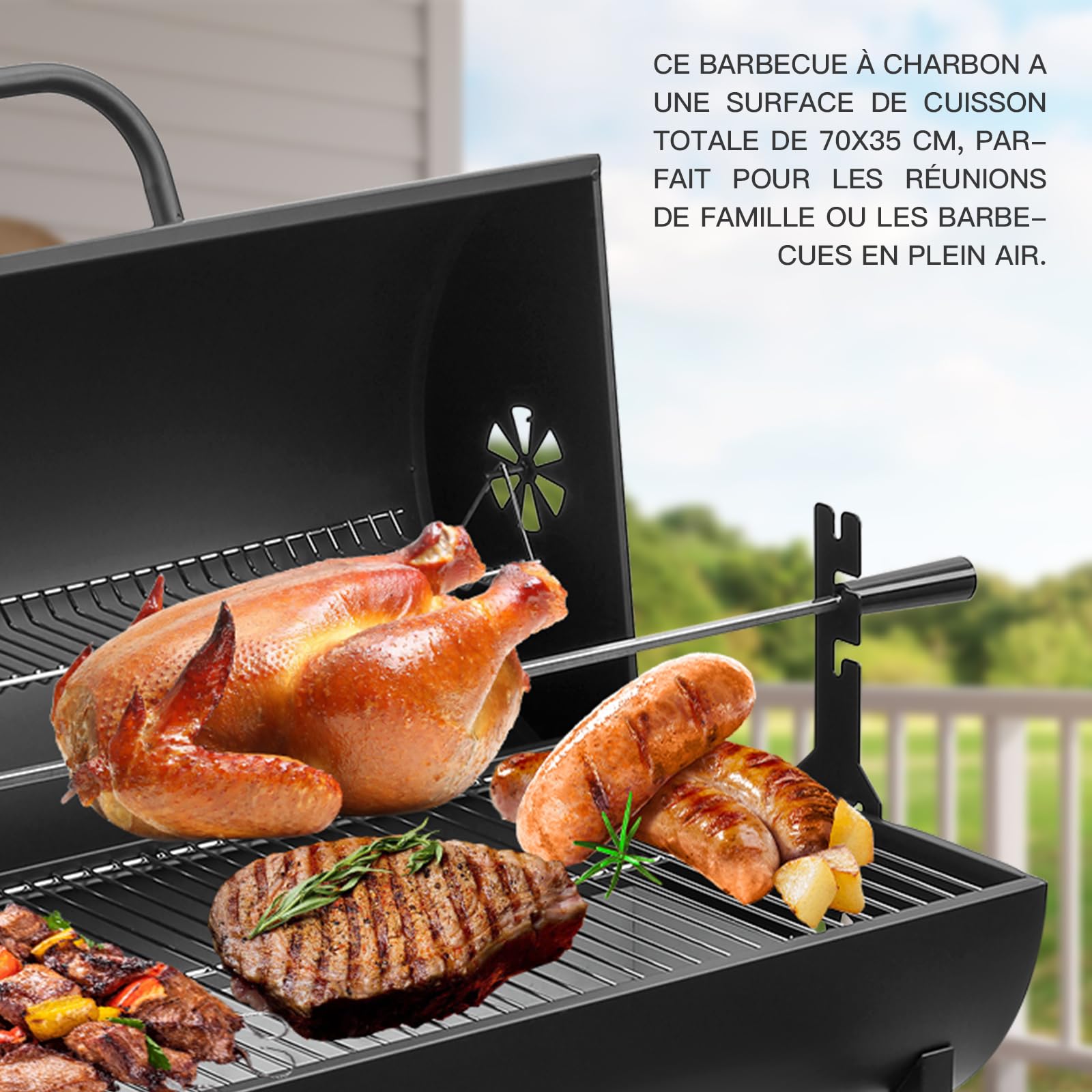 TEENO Barbecue Charbon de Bois,avec Grille de Cuisson XXL,Gants Anti-BrûLures, ThermomèTre,Tiroir à Cendres, éVent RéGlable,Grand Barbecue au Charbon de Bois(Upgraded (with Chicken Grill))