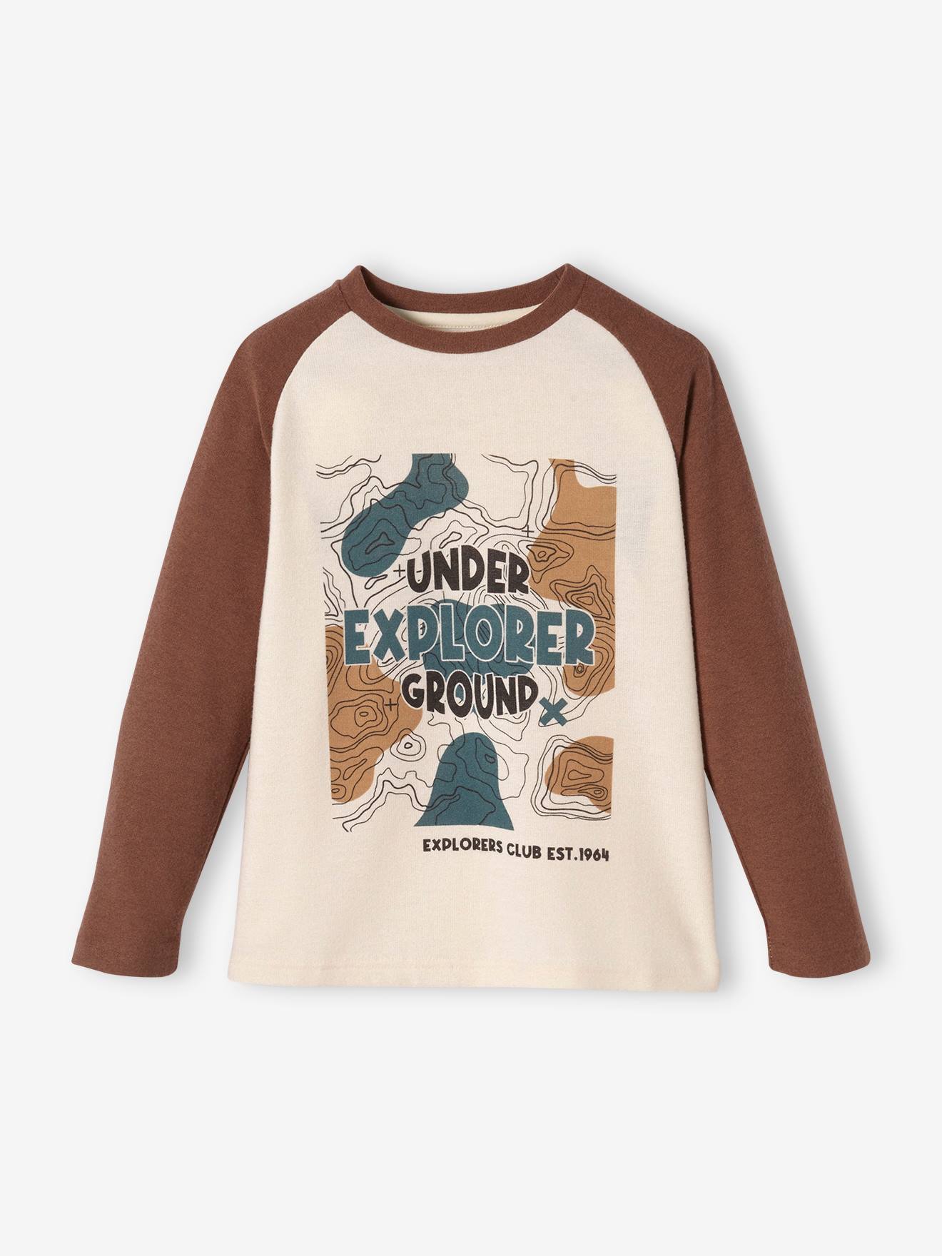 Camiseta ultramacia com estampa cartográfica, para meninos, lisa bege claro com padrões.