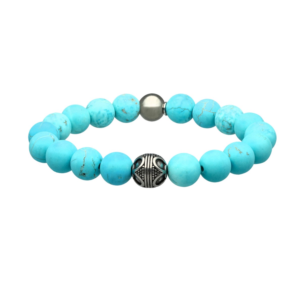 Bracelet Acier Pierres Naturelles Perles Rondes Turquoise-Medium-18cm