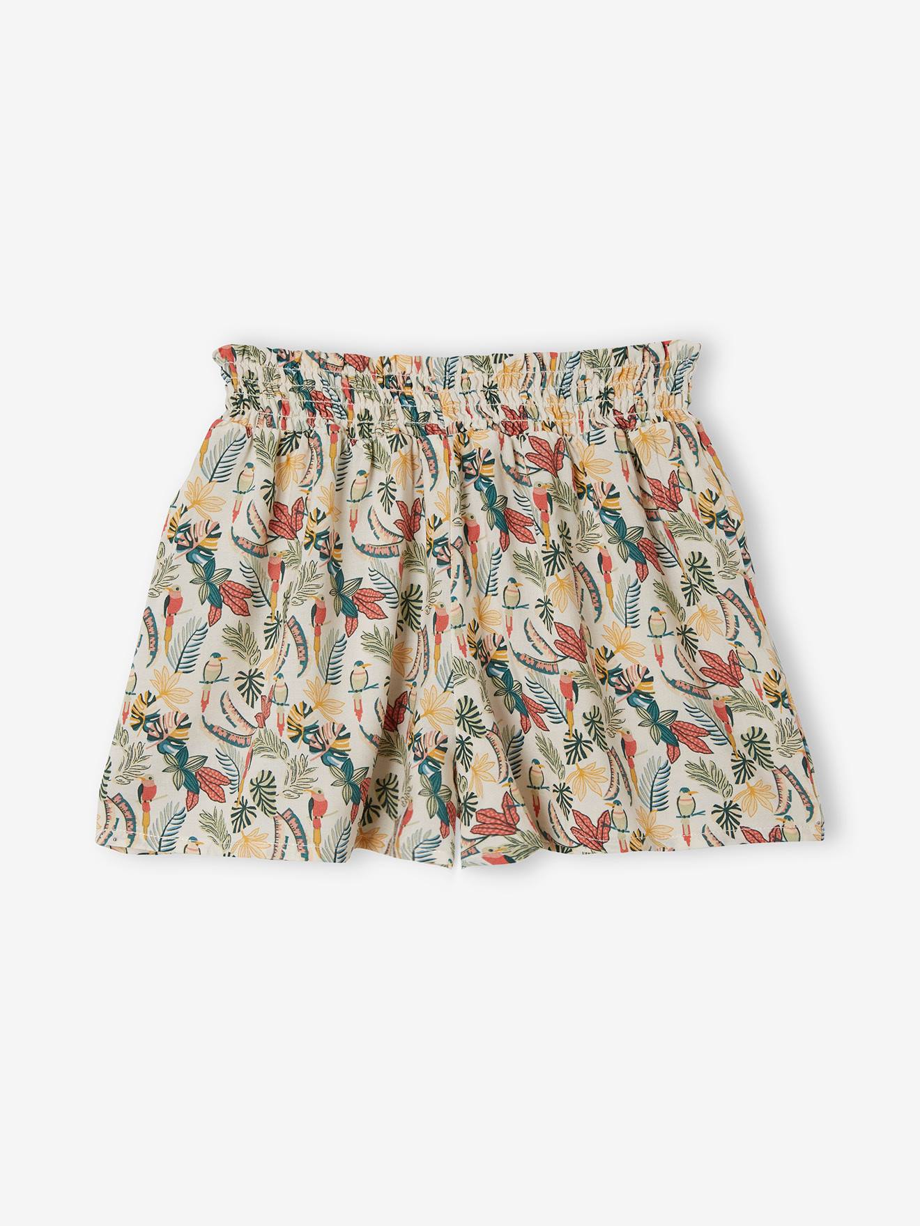 Shorts fluidos com efeito saia e cós franzido, para meninas, estampa bege tamanho médio
