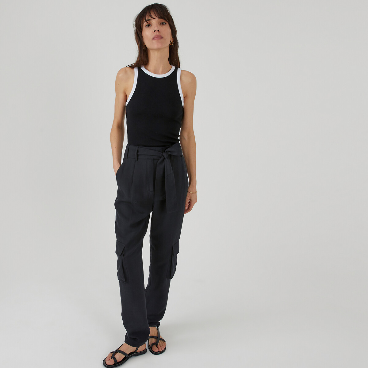COLEÇÕES LA REDOUTE<br>Calças slim em liocel e linho, com bolsos frontais