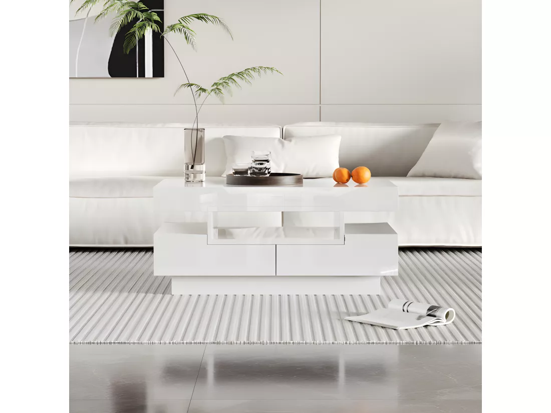 Table basse avec LED - finition brillante - 4 tiroirs avant et arrière - Blanc
