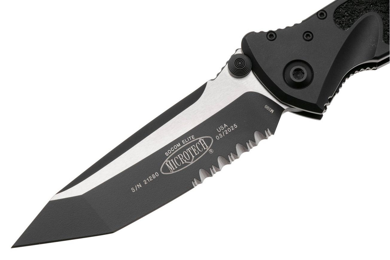Microtech Socom Elite 161-2T, Two Tone M390 Tanto, Black Aluminum, partly serrated zakmes