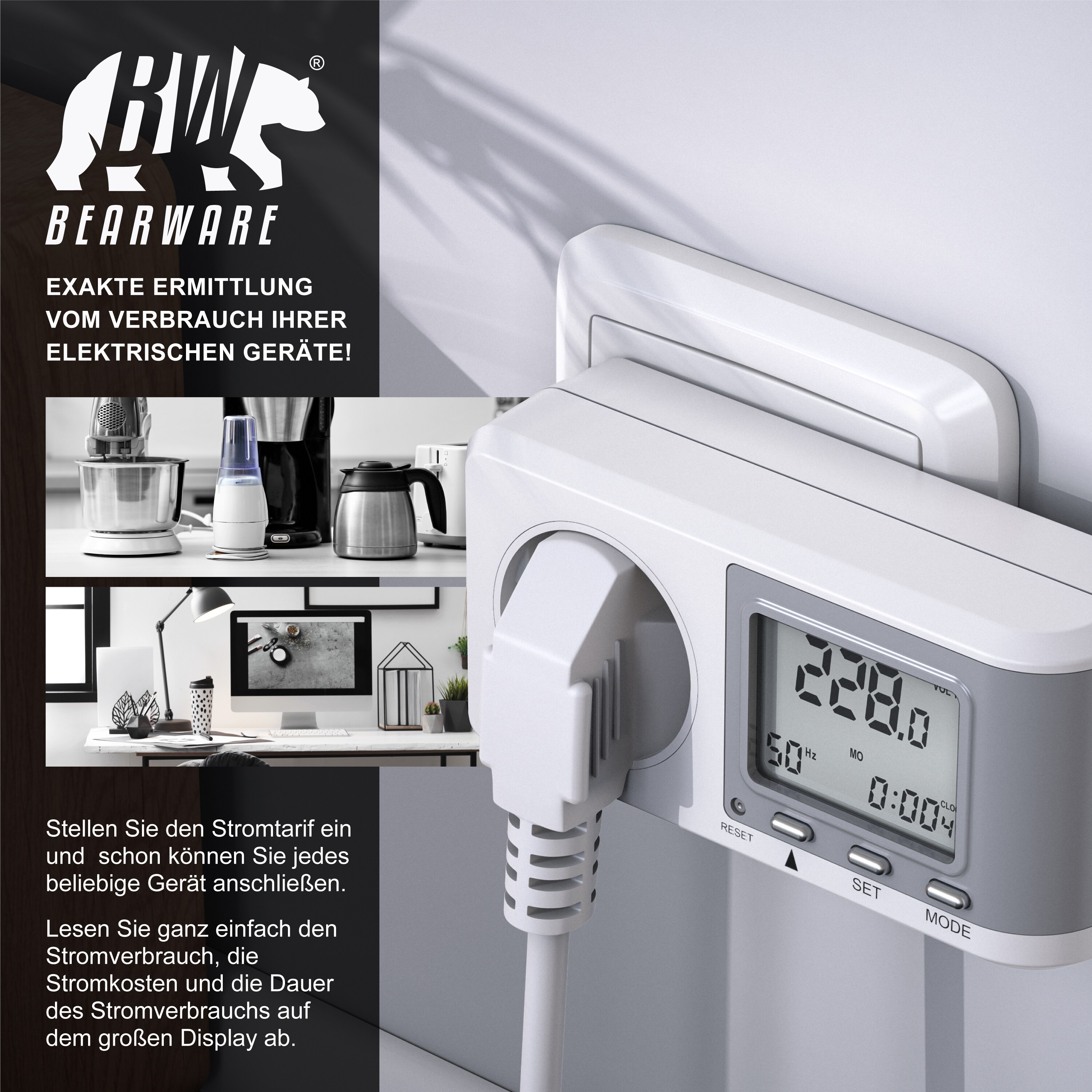 BEARWARE Energiekostenmessgerät - Stromverbrauchszähler, Energiekosten Anzeige - Stromzähler - 3680W - Energiemessgerät