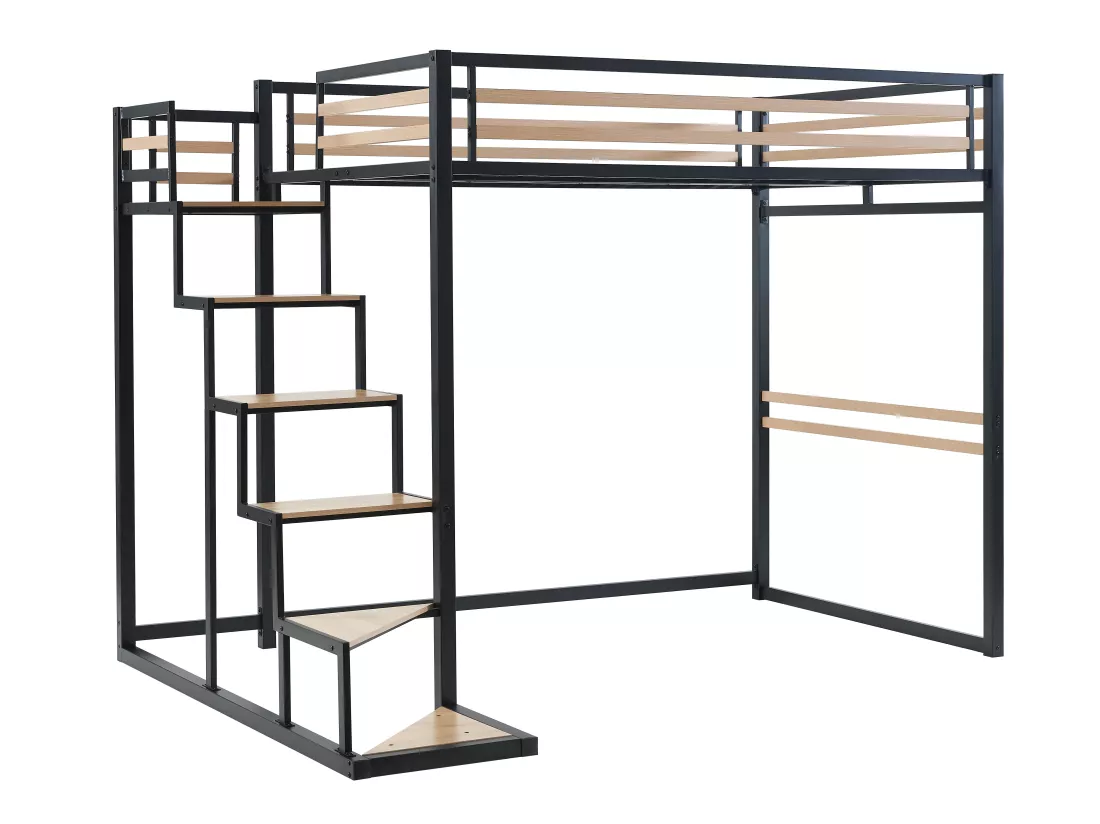 Lit mezzanine 140 x 200 cm - Métal et MDF - Noir et naturel + Matelas - JOGUI