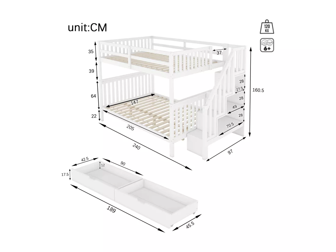 Lits superposés 2 x 140 x 200 cm pour enfant - étagère d'escalier + 2 tiroirs - bois MDF - Blanc