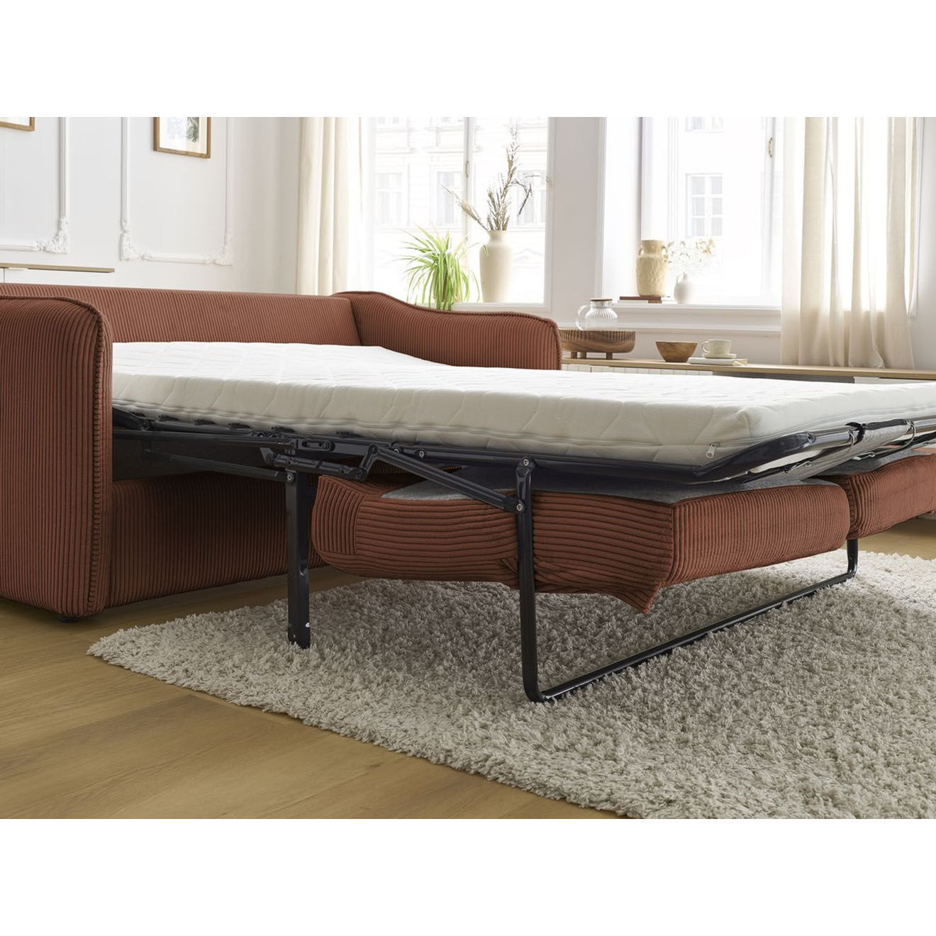 Bobochic Canapé droit convertible express en Velours côtelé 3 places Lenny orange - 178x102x89 cm