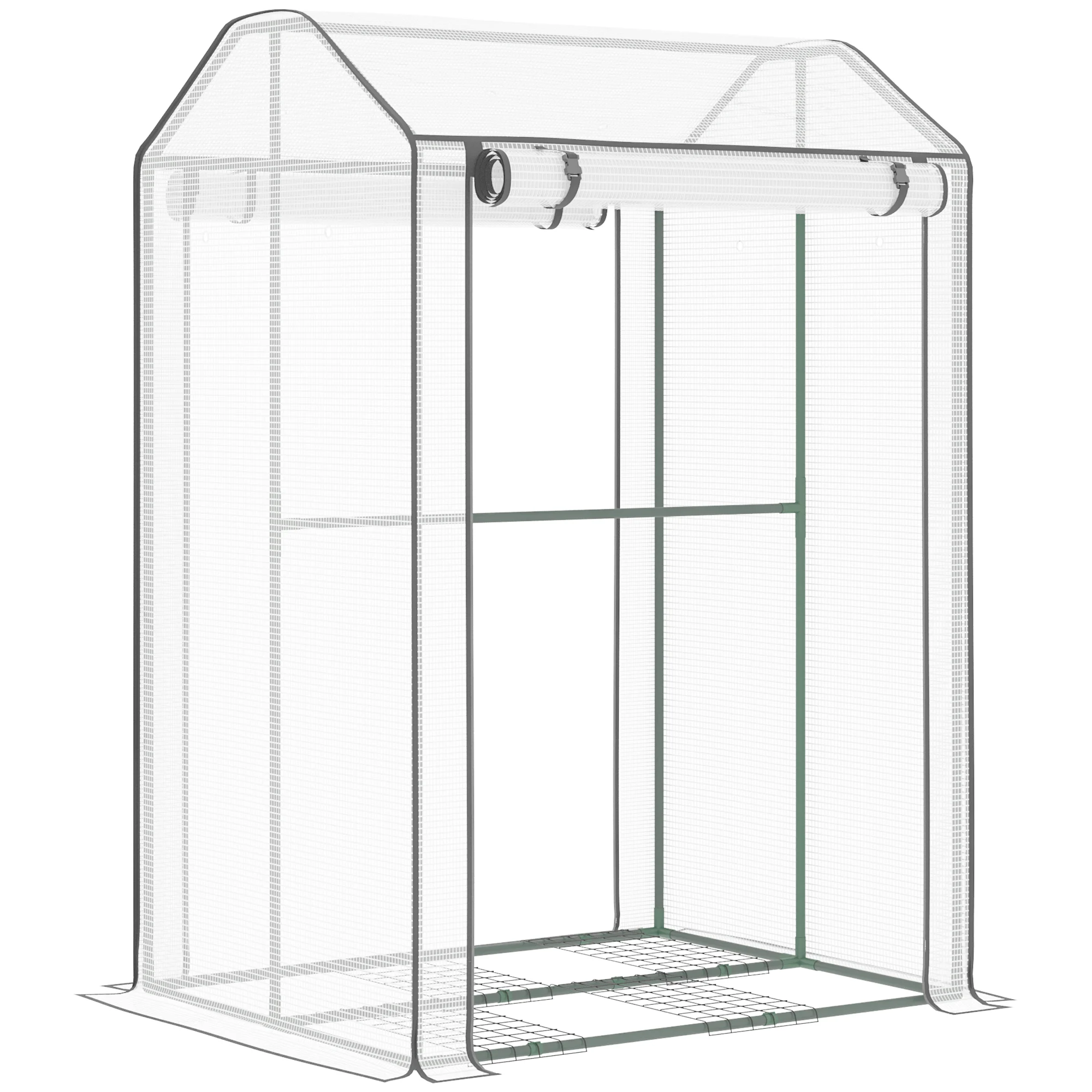Estufa externa Outsunny para cultivo doméstico, com porta de enrolar, cobertura em PE e estrutura metálica, ideal para plantas, tomates, terraços e pátios. Dimensões: 100x80x150 cm. Cor: Branco Transparente.