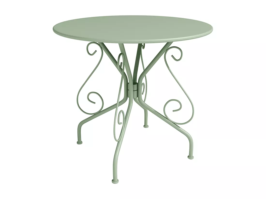 Salle à manger de jardin en métal façon fer forgé : une table et 4 chaises empilables - Vert amande - GUERMANTES de MYLIA