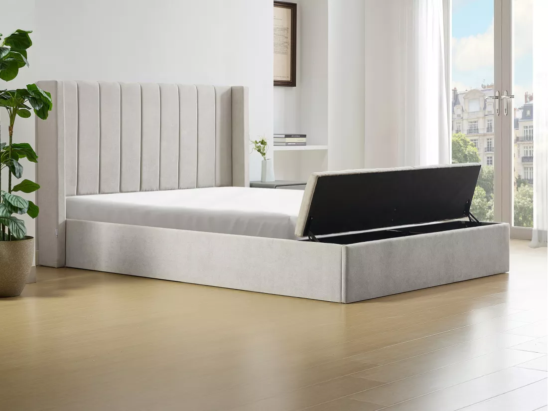 Lit coffre 140 x 190 cm avec banc - Tissu - Beige + Matelas - DOUINO