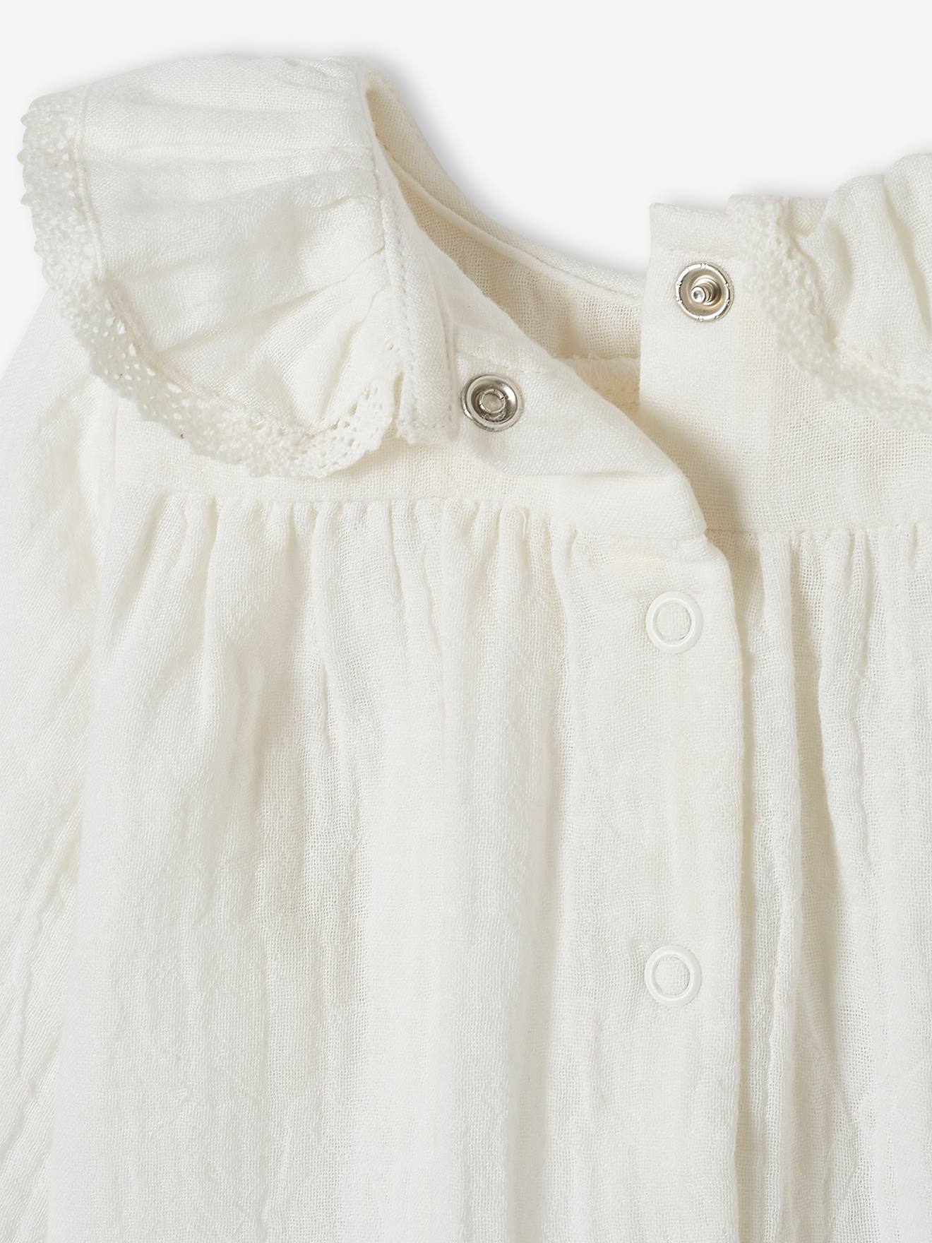 Blusa de chiffon de algodão, gola com babados, para bebê, cor crua