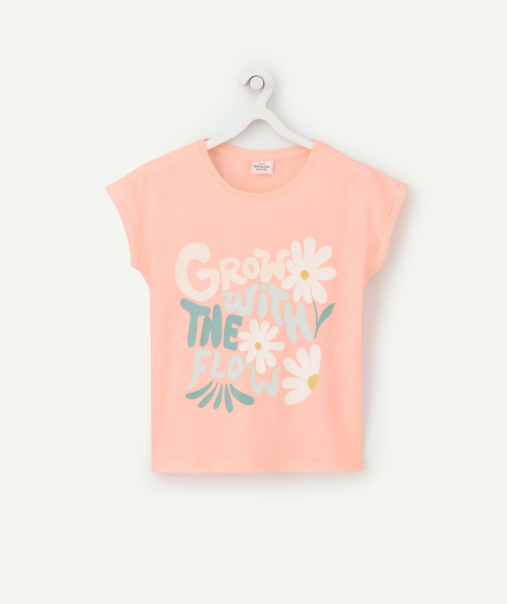 T-SHIRT FILLE EN COTON BIO ROSE NÉON AVEC MESSAGE ET FLEURS