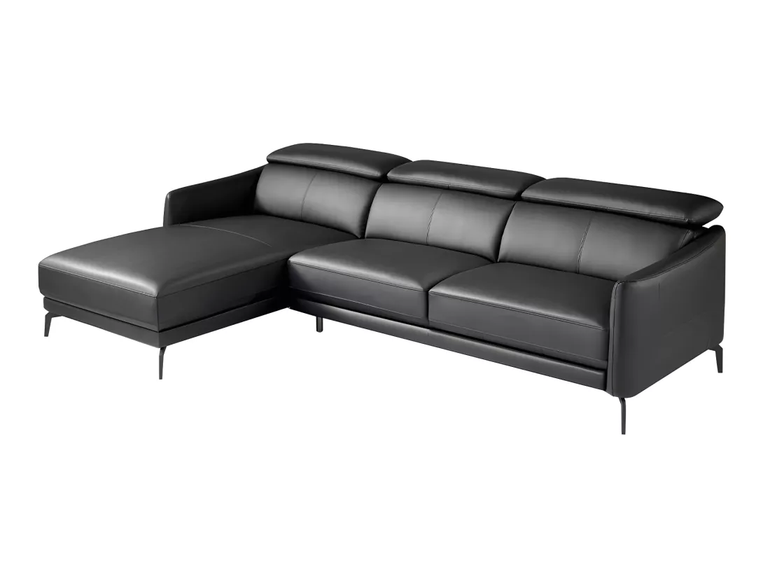 Canapé d'angle gauche cuir noir et pieds acier inoxydable Yaro