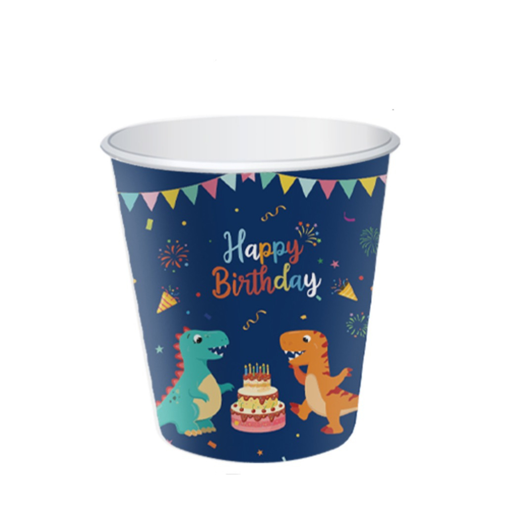 (112-tlg. Set) Happy Birthday Einweg Geschirr Kinder Geburtstags Party Tisch Deko inkl. Teller / Servietten / Papp Becher / Besteck - Dino