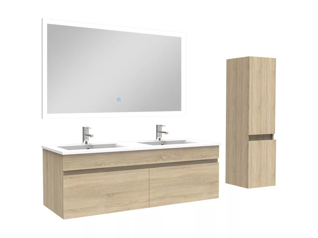 Ensemble meuble Salle de Bain 120cm avec vasque + colonne + miroir lumineux 3 couleurs chêne wotan