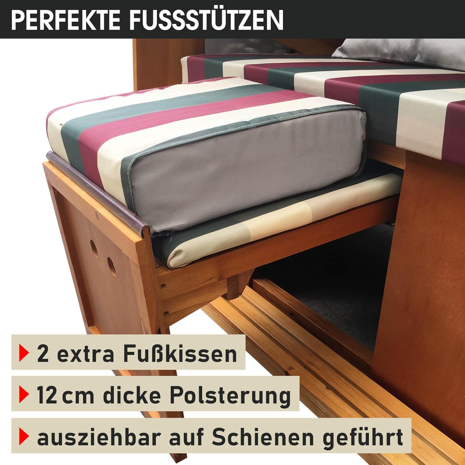 BRAST® Strandkorb Usedom 3-Sitzer XXL für 2-3 Personen | 165cm breit | 5 Designs | inkl. wetterfeste Abdeckhaube | verstellbare Rückenlehne Fußkissen | Rot/Grün/Beige - kariert