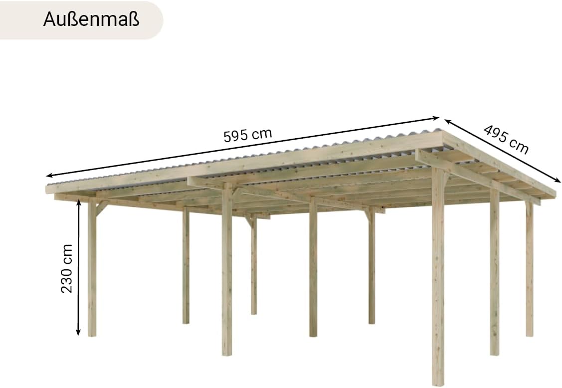 Holz Doppel-Carport | 595 x 495 cm | 210 cm hoch | Fichte Kiefer Carport | mit UV-Schutz | 9er Pfosten | inkl. Dacheindeckung