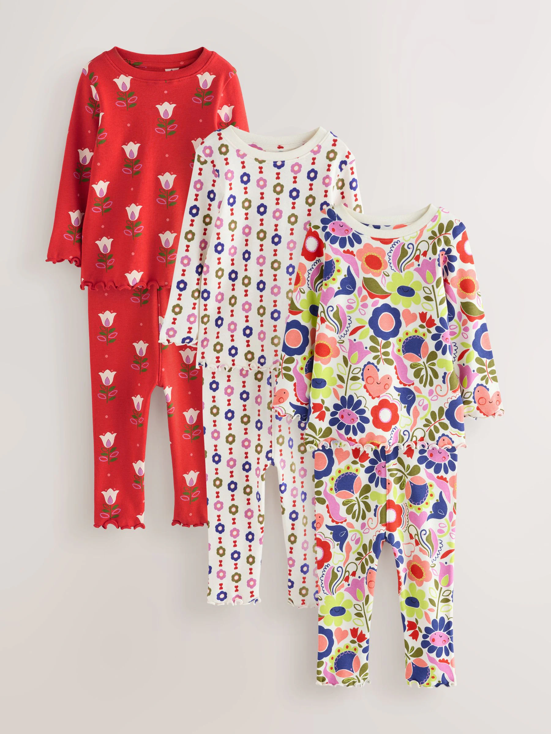 Rood/ecru bloemenprint - Verpakking van 3 knusse pyjama's (9 mnd-10 jr)