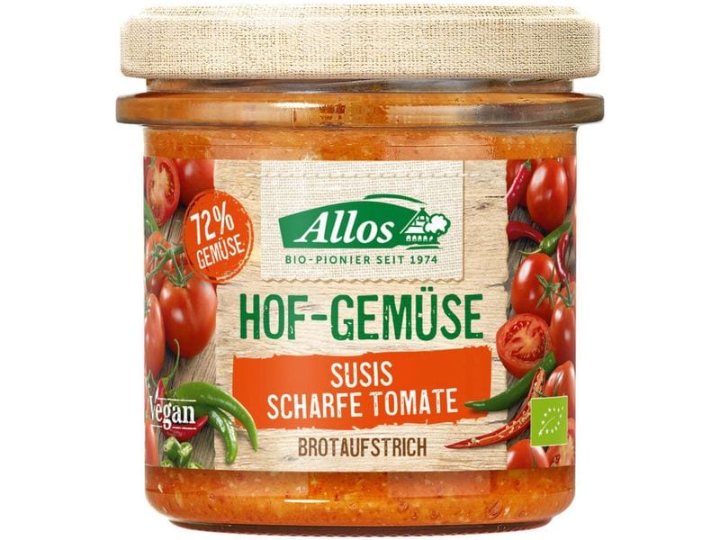 Allos Bio Brotaufstrich scharfe Tomate 135 g Pflanzlicher Aufstrich mit Tomaten und Chilipulver