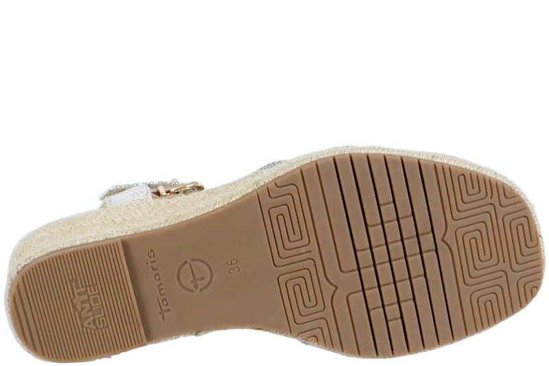 TAMARIS SANDAL I GULD TEKSTIL PÅ KILEHÆL
