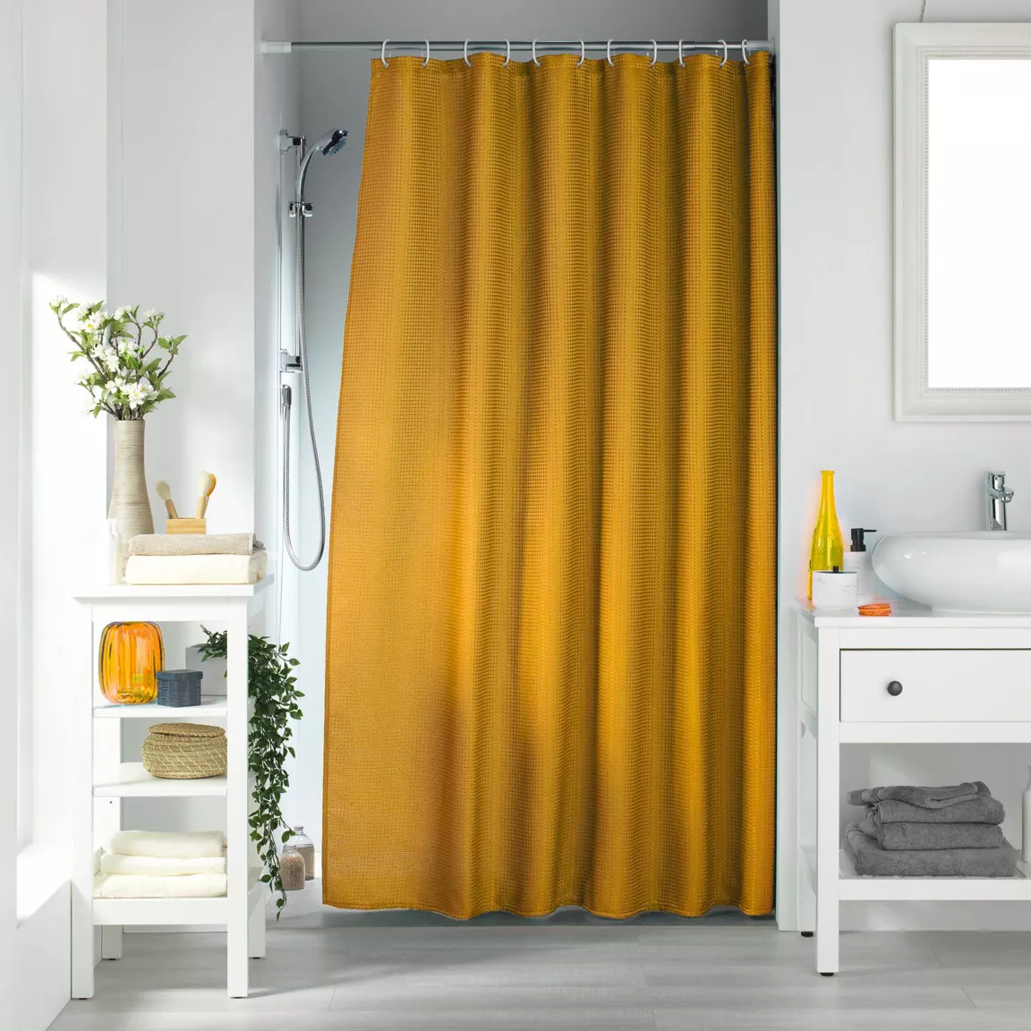 Rideau de douche effet tissé à anneaux (180 x 200 cm) Quartz Jaune ocre