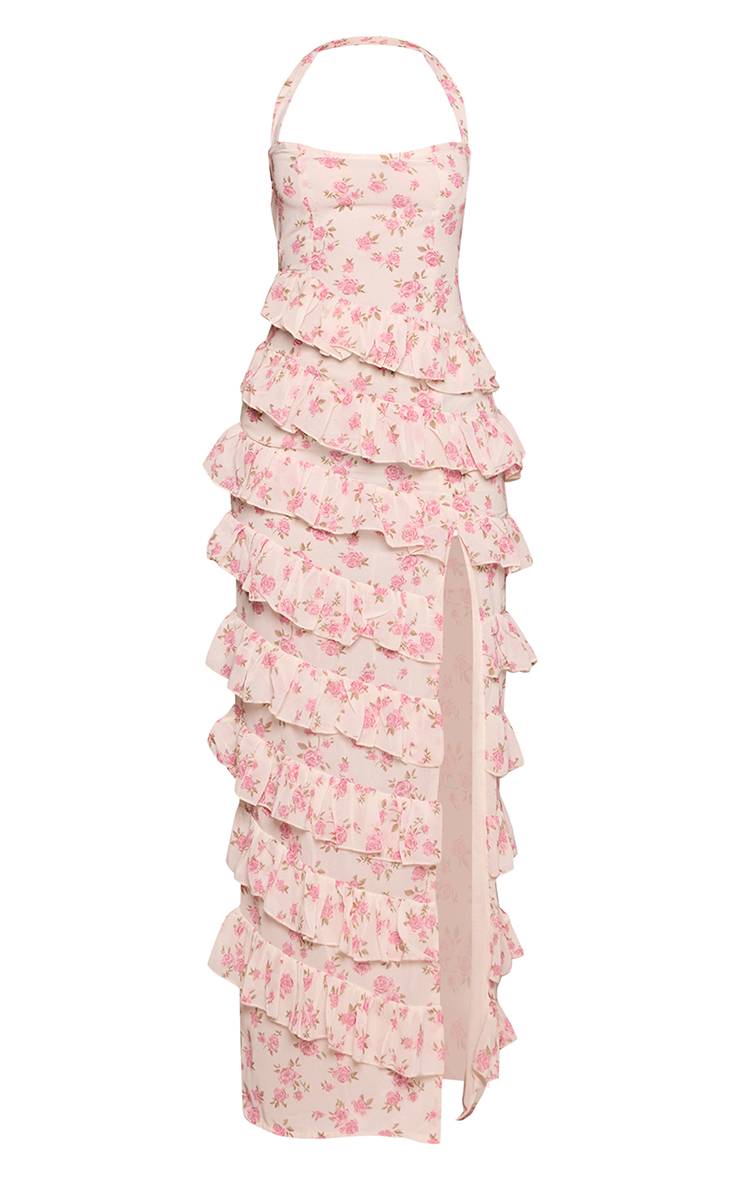 Rose Robe Longue Petite À Imprimé Fleuri Et Détails À Volants
