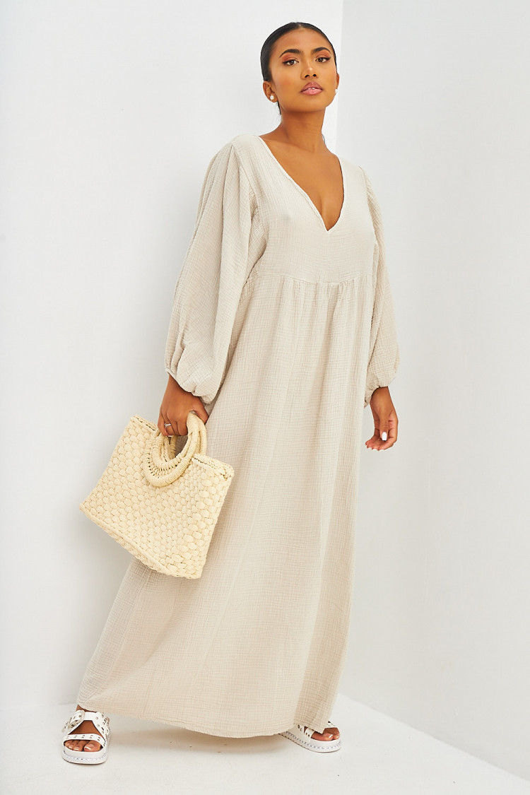 Robe longue ample en gaze de coton beige