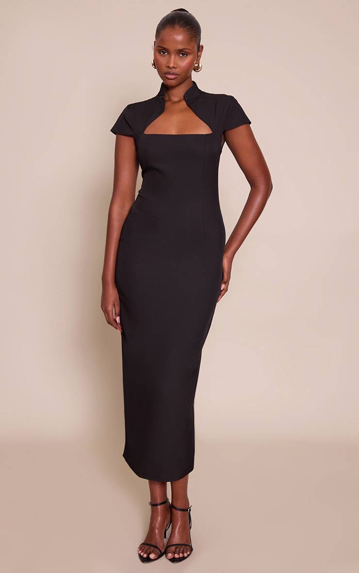 Noir Robe Midaxi Tissée À Manches Courtes