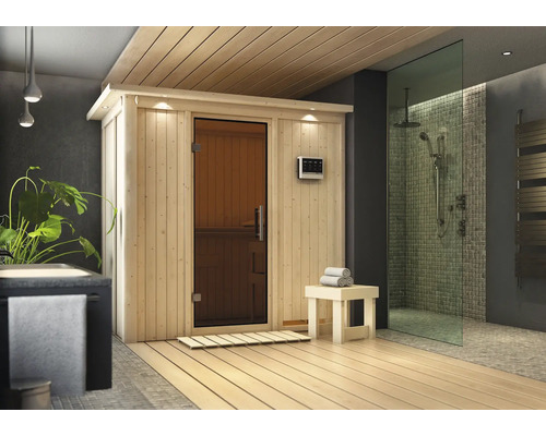 Karibu Mariado modulaire sauna zonder oven en dakkroon, met grafietkleurige volledig glazen deur