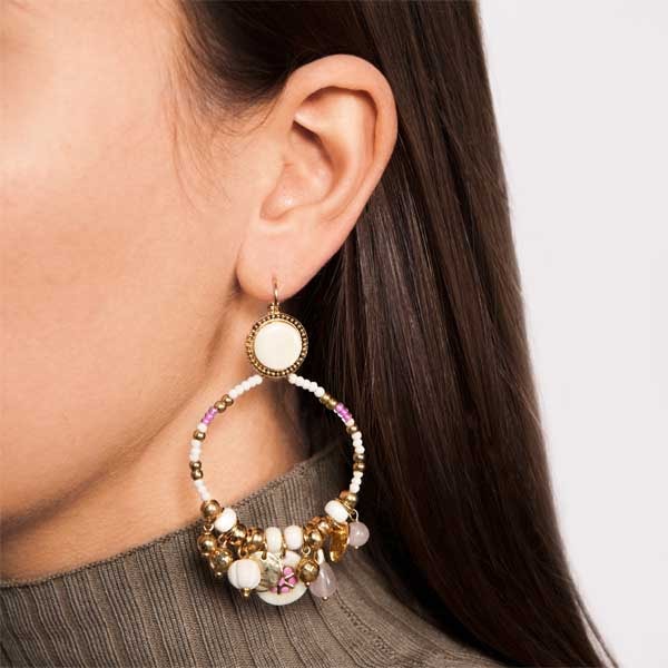 Boucles d'oreilles Lucky Charms - Métal doré, perles de rocaille & quartz rose