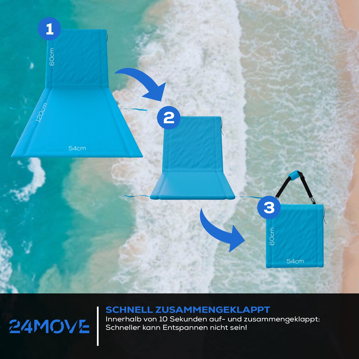 24MOVE® Strandmatte 1er Set klappbar mit Rückenlehne, Strandliege mit Gurt, tragbar für Strand und Garten, Liegematte blau
