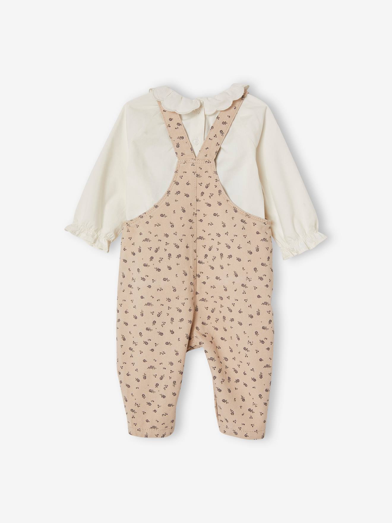 Conjunto de jardineira e blusa estampadas para bebê, branco claro liso.