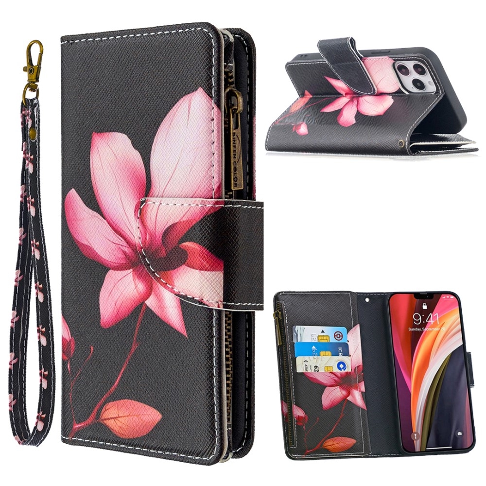 iPhone 12 / iPhone 12 Pro Leder Wallet Etui Tasche mit 9 Kartenfächern   Münzfach - Pinke Blume