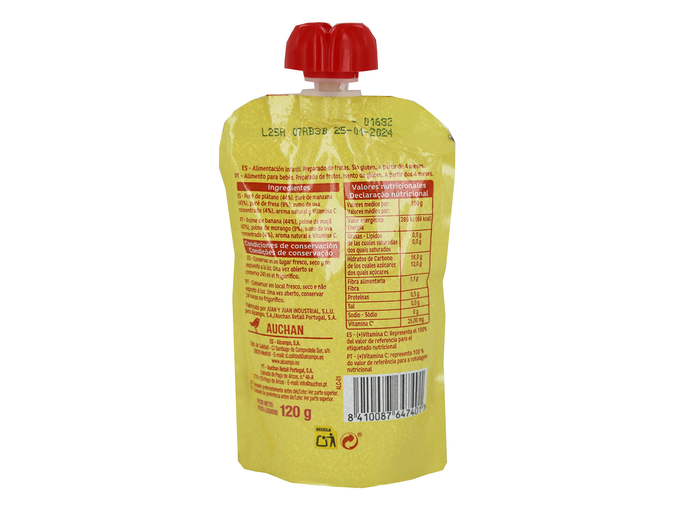 SAQUETA FRUTA AUCHAN BABY BANANA MAÇA MORANGO 120G