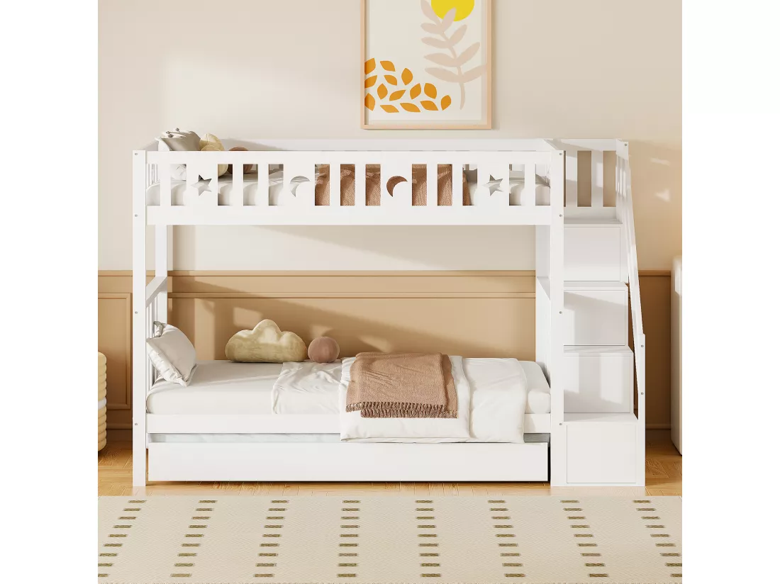 Lits superposés 2 x 90 x 200 cm avec lit gigogne 90 x 190 cm et 4 tiroirs - bois massif - coloris blanc