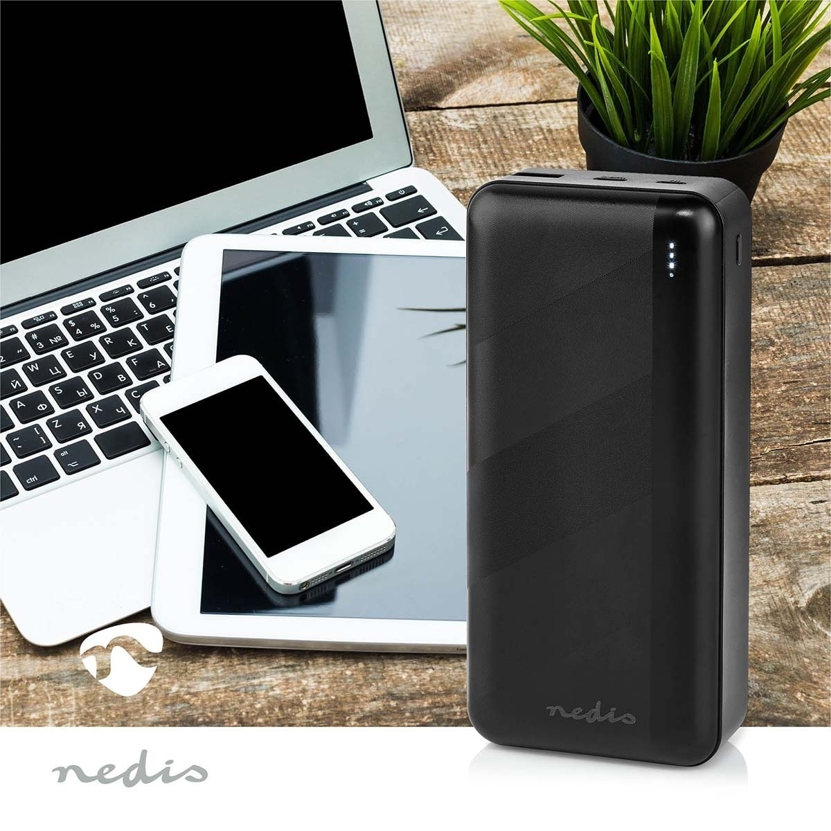 Nedis Power Bank | 32000 mAh | 2.4 / 3.0 / 3.25 A | Antall utganger: 2 | Utgangstilkobling: 1x USB-A / 1x USB-C™ | Inngangstilkobling: 1x Micro USB / 1x USB-C™ | PD3.0 45W / PD3.0 65W | Lithium-Polymer