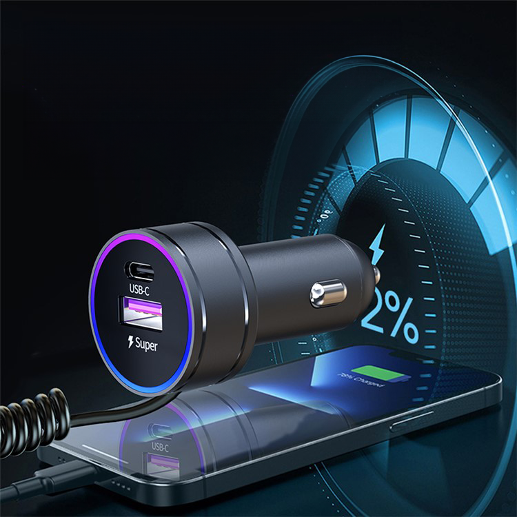 (1.2m / 30W) 3in1 USB C / USB A Spiral Auto KFZ Ladegerät PD mit LED Beleuchtung - Schwarz