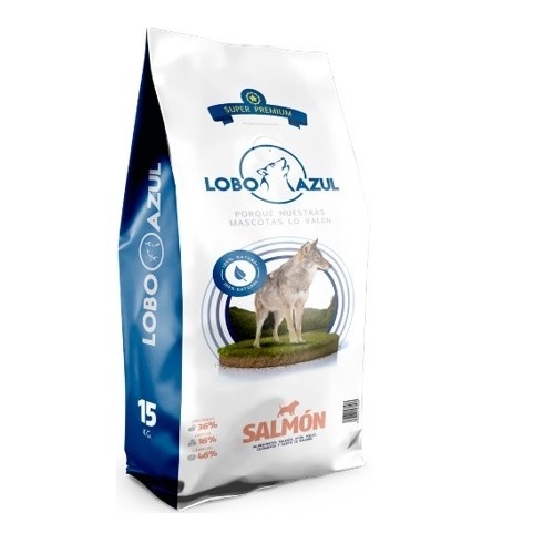 Ração Blue Wolf sabor salmão para cães adultos.