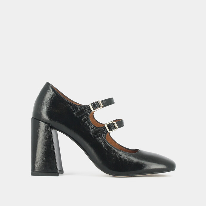 Babies à talons et brides  en cuir brillant noir